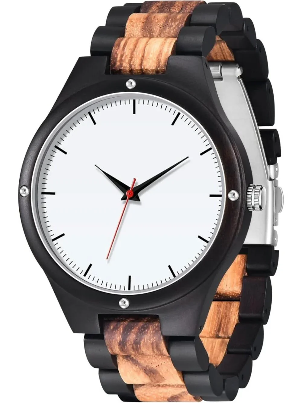 Men's Black White Handmade Lightweight Analog Quartz Round Wrist Wooden Watch